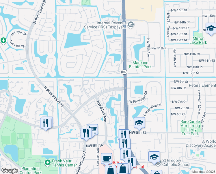 map of restaurants, bars, coffee shops, grocery stores, and more near 832 Northwest 81st Terrace in Plantation