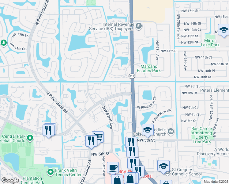 map of restaurants, bars, coffee shops, grocery stores, and more near 832 Northwest 81st Terrace in Plantation