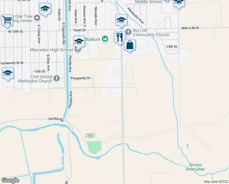 map of restaurants, bars, coffee shops, grocery stores, and more near 799 Ruby Red Street in Mercedes