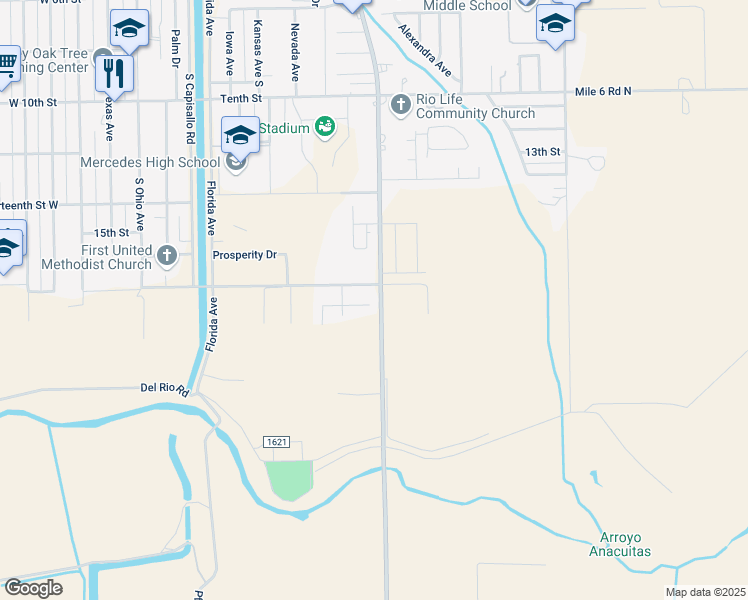 map of restaurants, bars, coffee shops, grocery stores, and more near 799 Ruby Red Street in Mercedes