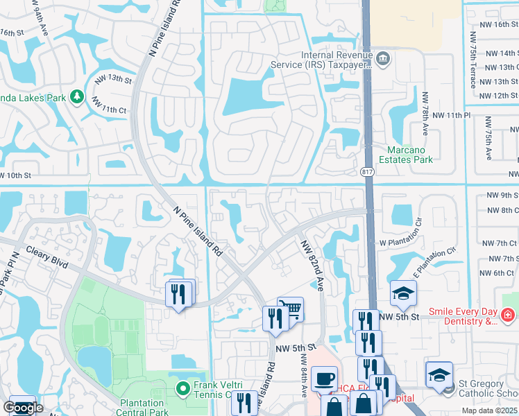 map of restaurants, bars, coffee shops, grocery stores, and more near 891 Northwest 85th Terrace in Plantation