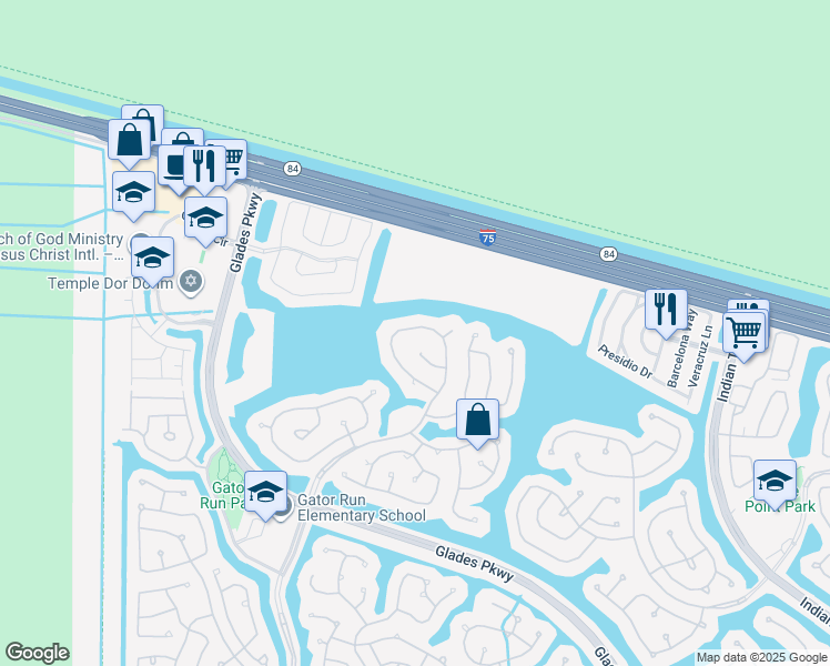 map of restaurants, bars, coffee shops, grocery stores, and more near 1367 Meadows Boulevard in Weston