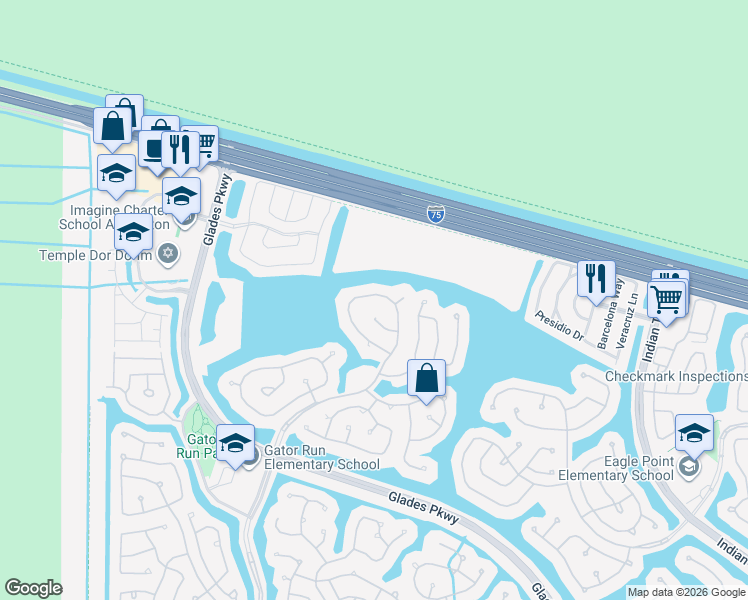 map of restaurants, bars, coffee shops, grocery stores, and more near 1367 Meadows Boulevard in Weston