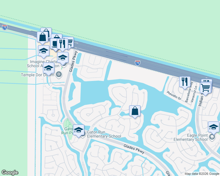 map of restaurants, bars, coffee shops, grocery stores, and more near 1412 Meadows Boulevard in Weston