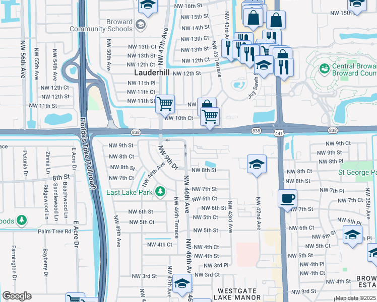 map of restaurants, bars, coffee shops, grocery stores, and more near 839 Northwest 46th Avenue in Plantation