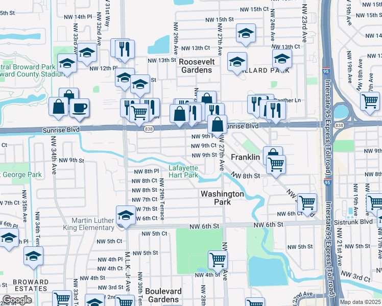 map of restaurants, bars, coffee shops, grocery stores, and more near 2845 Northwest 9th Street in Fort Lauderdale