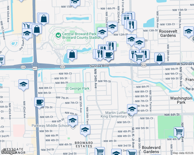 map of restaurants, bars, coffee shops, grocery stores, and more near 930 Northwest 34th Way in Fort Lauderdale