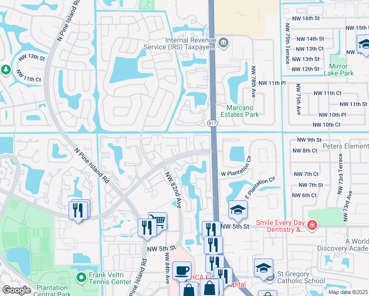 map of restaurants, bars, coffee shops, grocery stores, and more near 832 Northwest 81st Terrace in Plantation