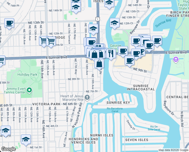 map of restaurants, bars, coffee shops, grocery stores, and more near 809 Northeast 19th Avenue in Fort Lauderdale