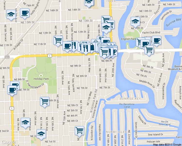 map of restaurants, bars, coffee shops, grocery stores, and more near 815 Northeast 17th Way in Fort Lauderdale