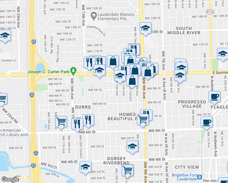 map of restaurants, bars, coffee shops, grocery stores, and more near 1270 Northwest 9th Street in Fort Lauderdale