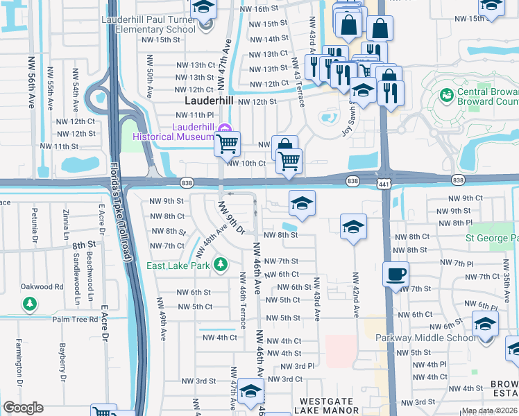 map of restaurants, bars, coffee shops, grocery stores, and more near 839 Northwest 46th Avenue in Plantation