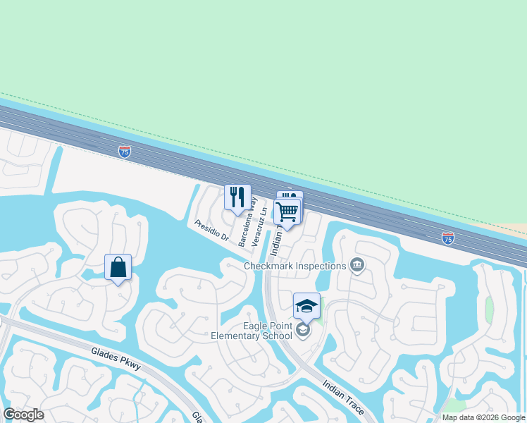 map of restaurants, bars, coffee shops, grocery stores, and more near 1582 Veracruz Lane in Weston