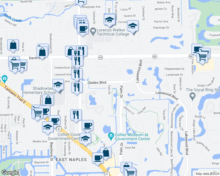 map of restaurants, bars, coffee shops, grocery stores, and more near 78 Glades Boulevard in Naples