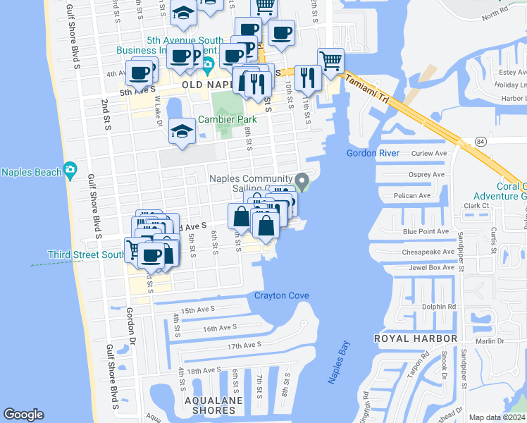 map of restaurants, bars, coffee shops, grocery stores, and more near 1160 8th Street South in Naples