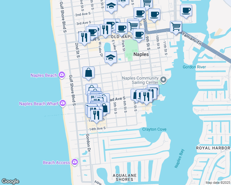 map of restaurants, bars, coffee shops, grocery stores, and more near 1120 5th Street South in Naples