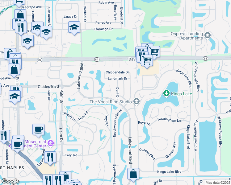 map of restaurants, bars, coffee shops, grocery stores, and more near 212 Dent Drive in Naples