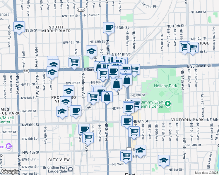 map of restaurants, bars, coffee shops, grocery stores, and more near 833 Northeast 4th Avenue in Fort Lauderdale