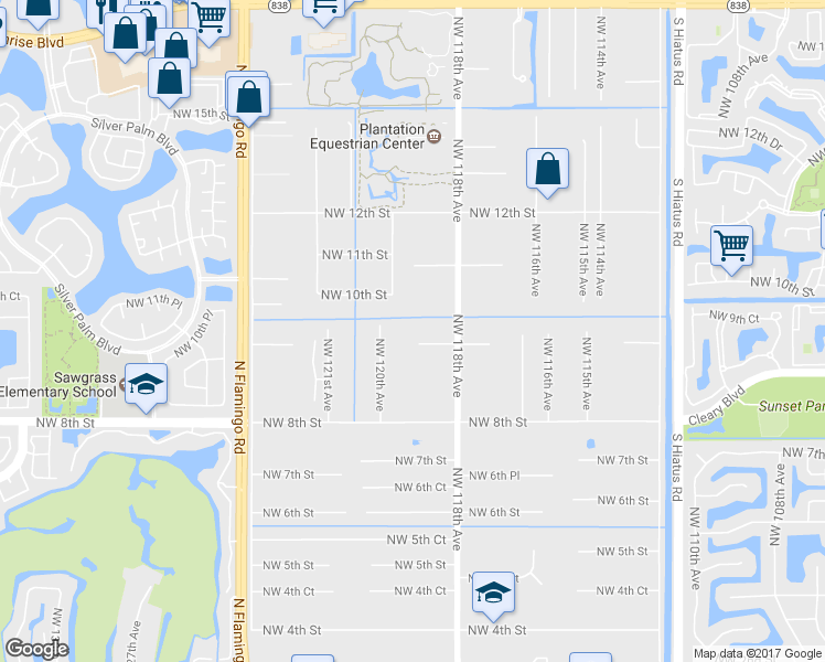 map of restaurants, bars, coffee shops, grocery stores, and more near 11861 Northwest 9th Street in Plantation