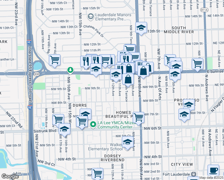 map of restaurants, bars, coffee shops, grocery stores, and more near 1270 Northwest 9th Street in Fort Lauderdale
