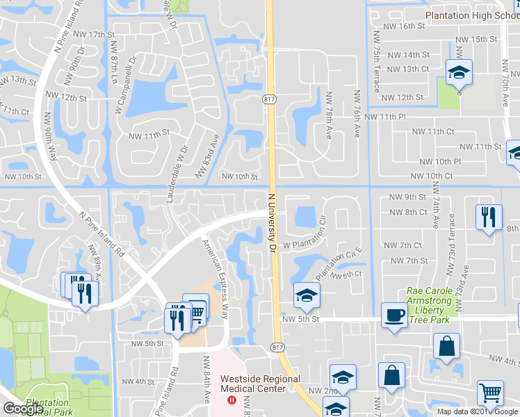 map of restaurants, bars, coffee shops, grocery stores, and more near 8041 Northwest 8th Street in Plantation