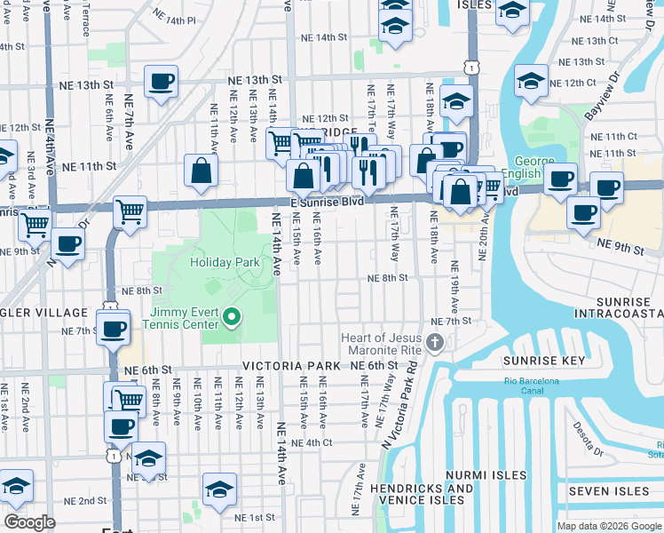 map of restaurants, bars, coffee shops, grocery stores, and more near 817 Northeast 16th Terrace in Fort Lauderdale