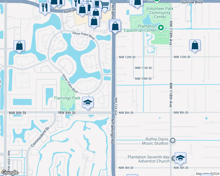 map of restaurants, bars, coffee shops, grocery stores, and more near 1076 Northwest 124th Terrace in Sunrise