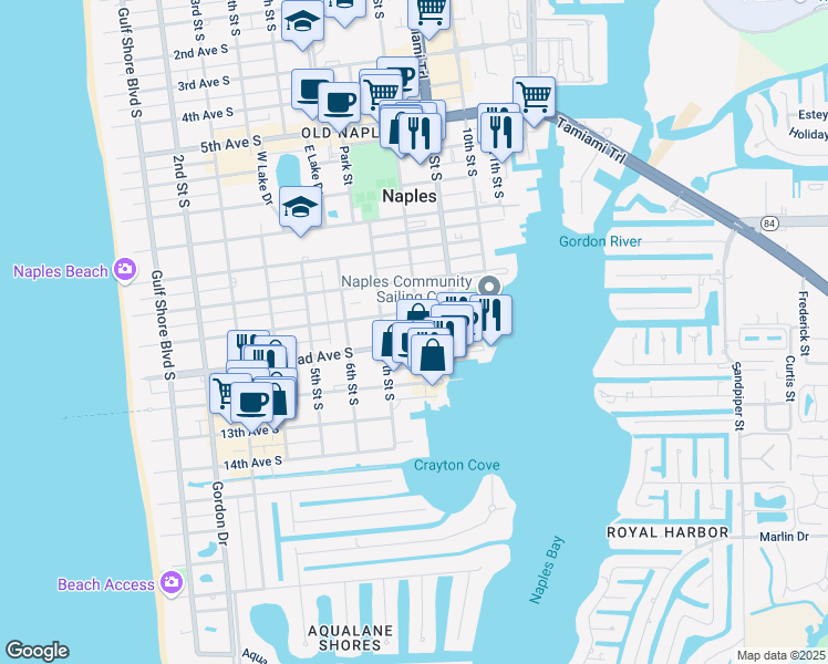 map of restaurants, bars, coffee shops, grocery stores, and more near 1160 8th Street South in Naples
