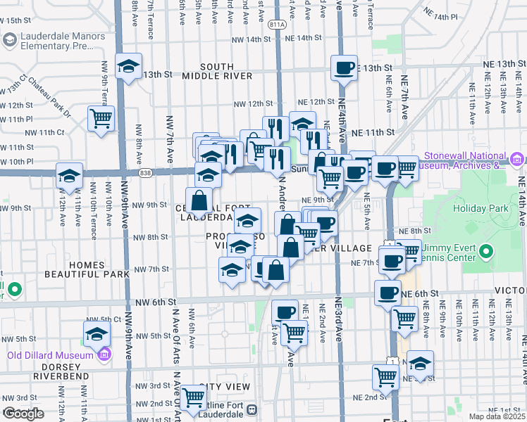 map of restaurants, bars, coffee shops, grocery stores, and more near 835 Northwest 1st Avenue in Fort Lauderdale