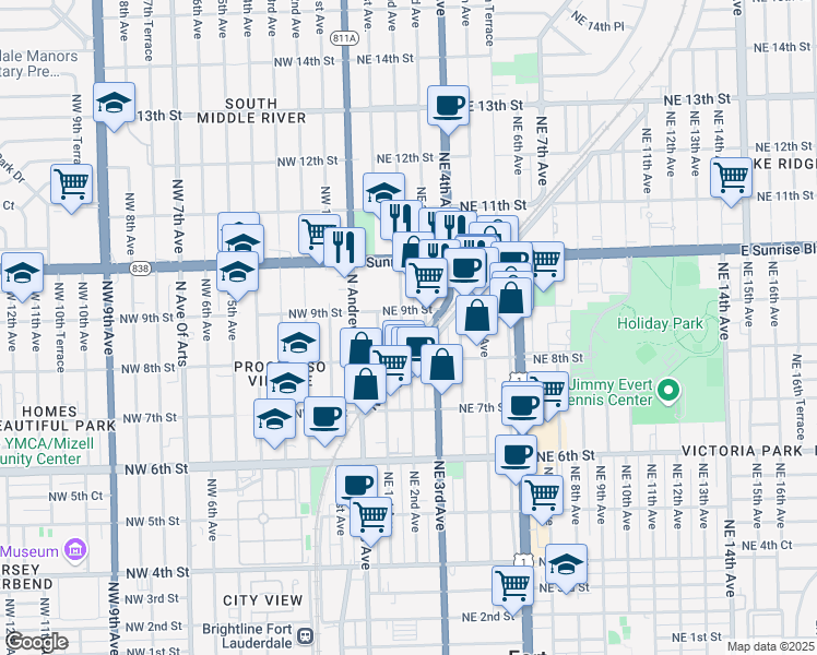 map of restaurants, bars, coffee shops, grocery stores, and more near 832 Northeast 2nd Avenue in Fort Lauderdale