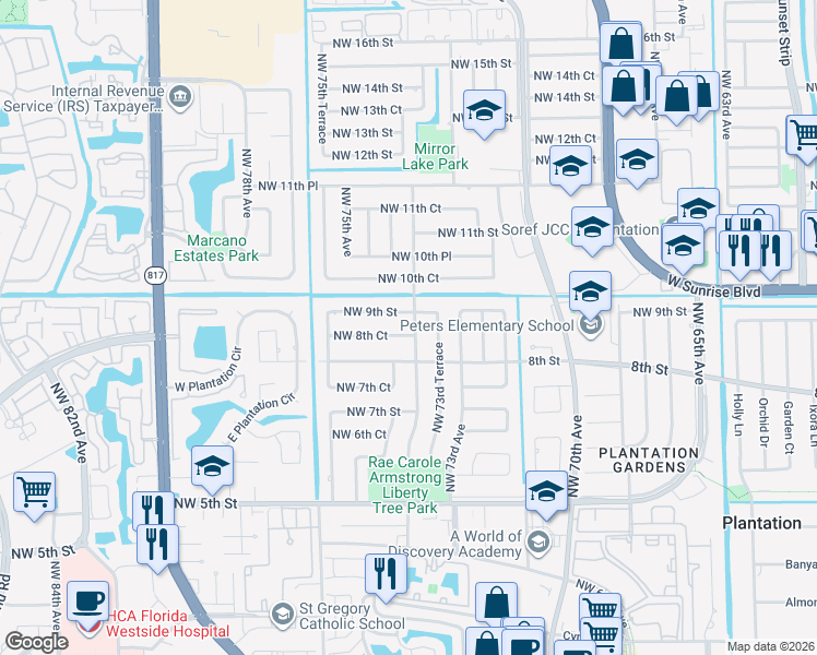 map of restaurants, bars, coffee shops, grocery stores, and more near 7401 Northwest 8th Court in Plantation