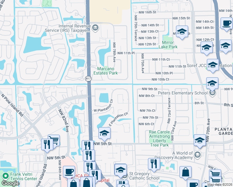 map of restaurants, bars, coffee shops, grocery stores, and more near 836 Northwest 76th Terrace in Plantation