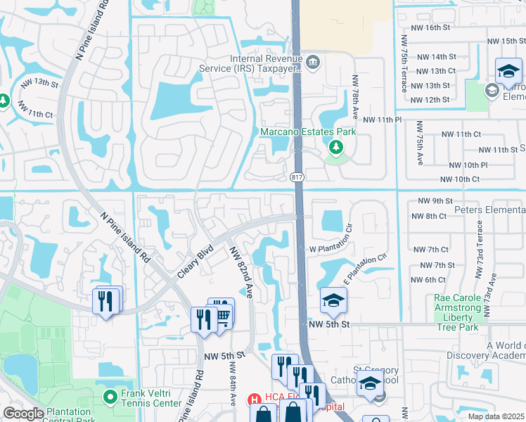 map of restaurants, bars, coffee shops, grocery stores, and more near 832 Northwest 81st Terrace in Plantation