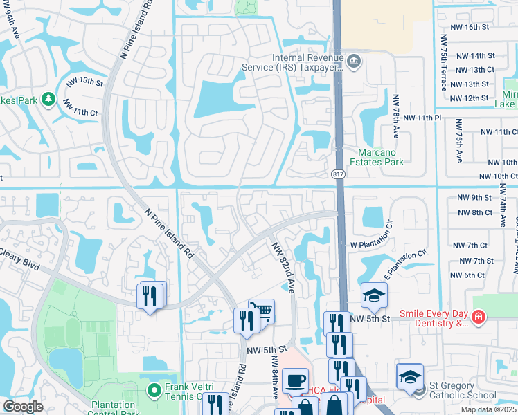 map of restaurants, bars, coffee shops, grocery stores, and more near 8218 Northwest 9th Street in Plantation