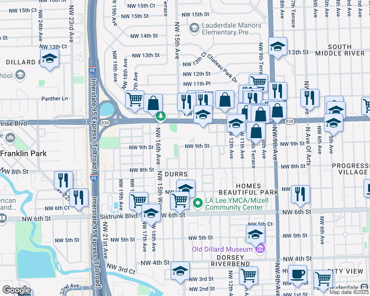 map of restaurants, bars, coffee shops, grocery stores, and more near 1434 Northwest 9th Street in Fort Lauderdale