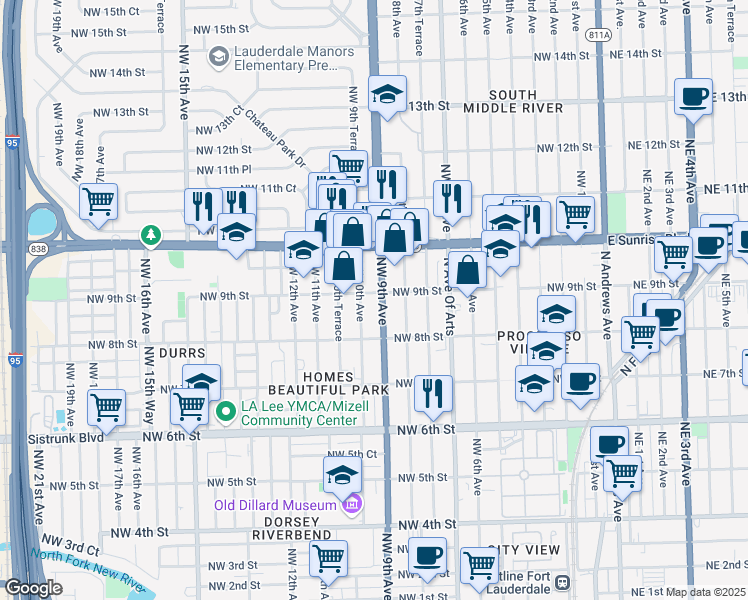 map of restaurants, bars, coffee shops, grocery stores, and more near 841 Northwest 9th Avenue in Fort Lauderdale