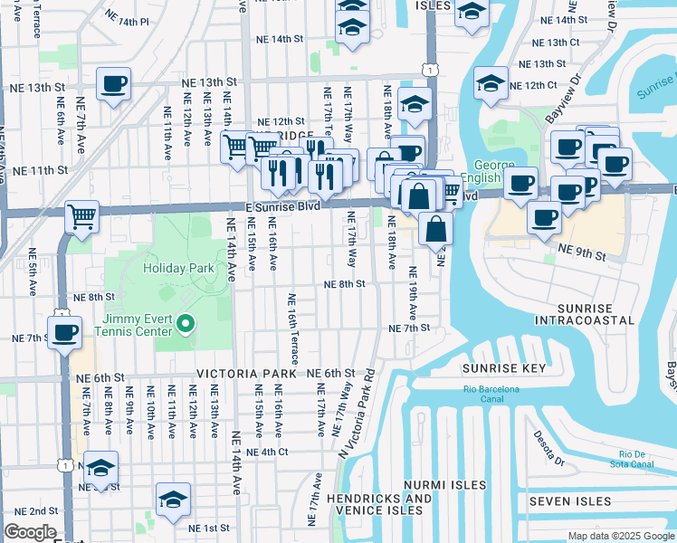 map of restaurants, bars, coffee shops, grocery stores, and more near 815 Northeast 17th Way in Fort Lauderdale
