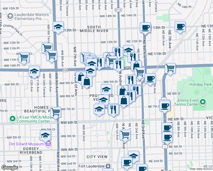 map of restaurants, bars, coffee shops, grocery stores, and more near 835 Northwest 2nd Avenue in Fort Lauderdale