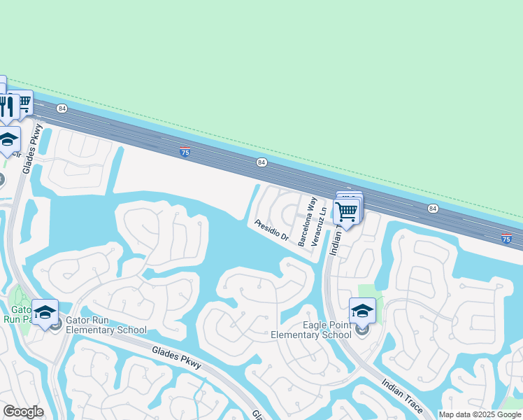 map of restaurants, bars, coffee shops, grocery stores, and more near 1506 Presidio Drive in Weston