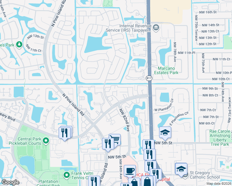 map of restaurants, bars, coffee shops, grocery stores, and more near 8218 Northwest 9th Street in Plantation