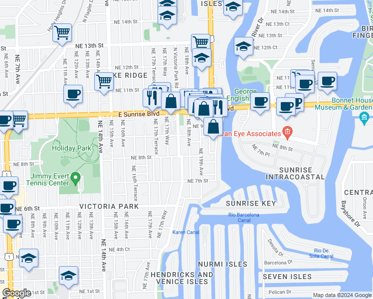 map of restaurants, bars, coffee shops, grocery stores, and more near 812 North Victoria Park Road in Fort Lauderdale
