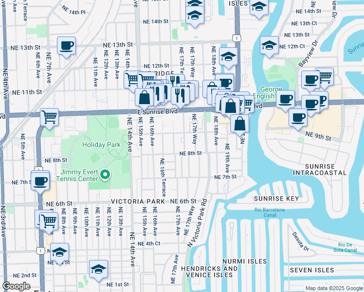 map of restaurants, bars, coffee shops, grocery stores, and more near 814 Northeast 17th Avenue in Fort Lauderdale