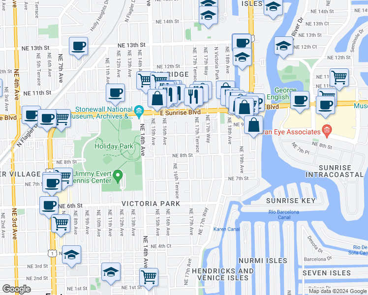 map of restaurants, bars, coffee shops, grocery stores, and more near 814 Northeast 17th Avenue in Fort Lauderdale