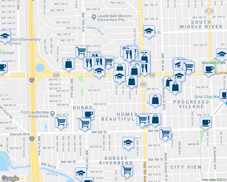 map of restaurants, bars, coffee shops, grocery stores, and more near 1270 Northwest 9th Street in Fort Lauderdale