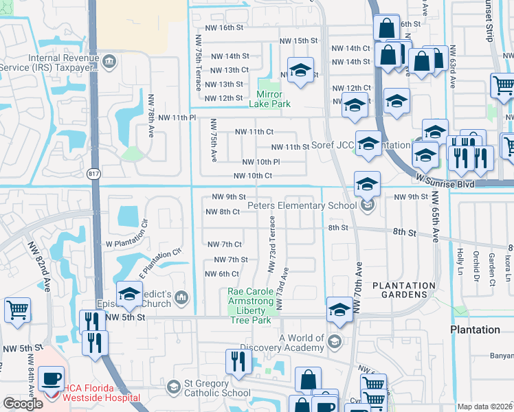 map of restaurants, bars, coffee shops, grocery stores, and more near 7401 Northwest 8th Court in Plantation