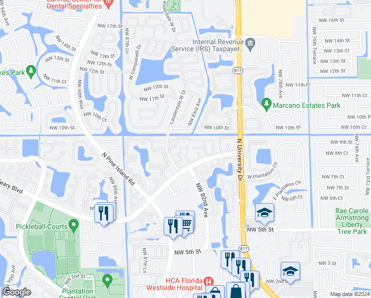 map of restaurants, bars, coffee shops, grocery stores, and more near 8218 Northwest 9th Street in Plantation