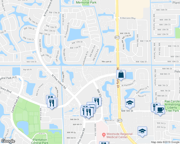 map of restaurants, bars, coffee shops, grocery stores, and more near 8218 Northwest 9th Street in Plantation