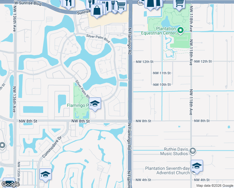 map of restaurants, bars, coffee shops, grocery stores, and more near 12525 Northwest 10th Place in Sunrise