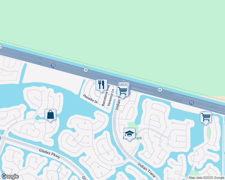 map of restaurants, bars, coffee shops, grocery stores, and more near 1582 Veracruz Lane in Weston
