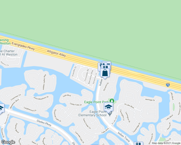 map of restaurants, bars, coffee shops, grocery stores, and more near 1549 Barcelona Way in Weston